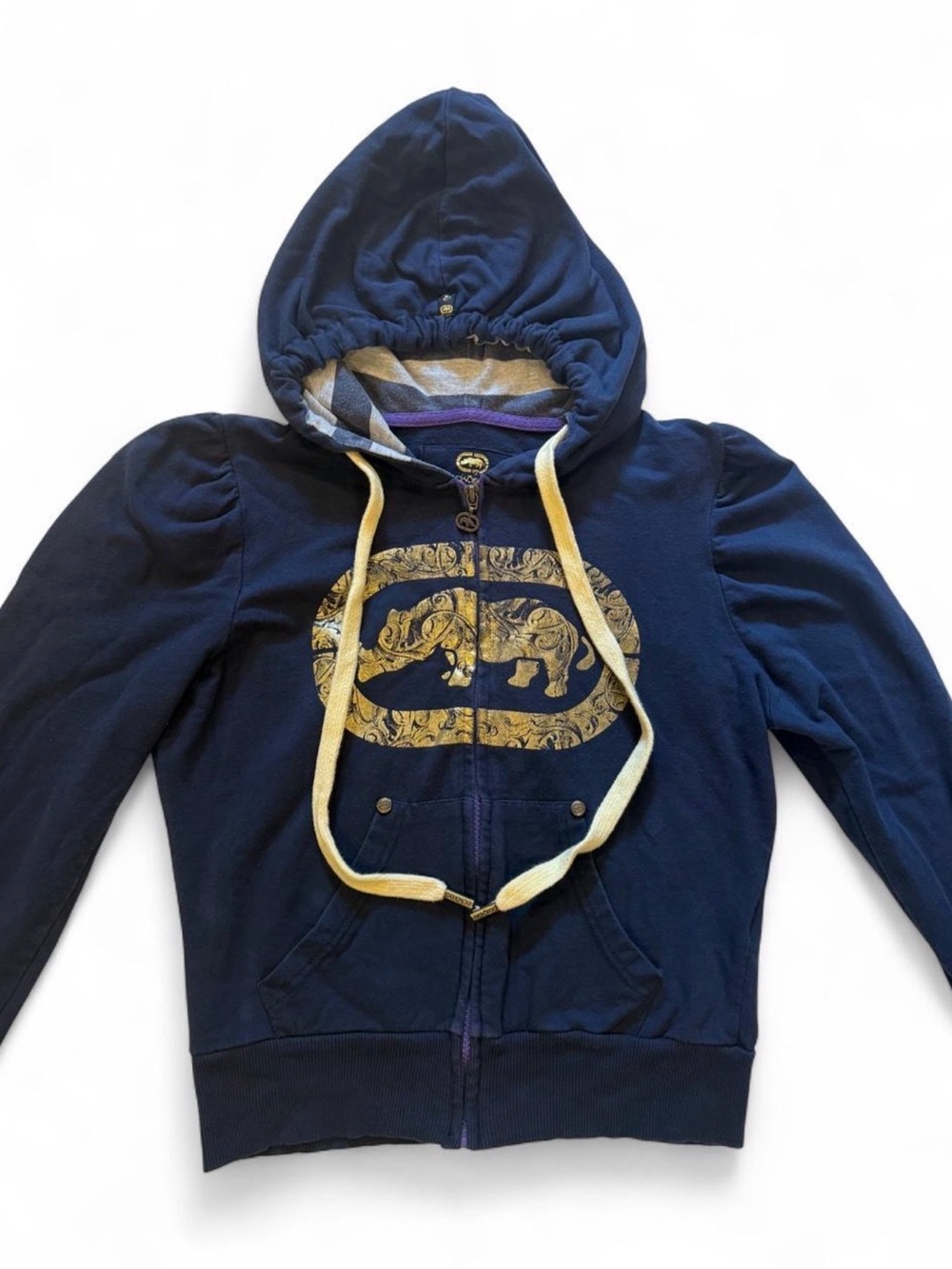 VTG Y2K Ecko Unltd Navy Puff Sleeve Zip Up Hoodie Gold Foil Rhino Logo